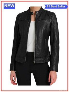 Real Lambskin Leather Jacket Cafe Racer Moto Zip Women